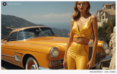 Glamorous girl in 1978 attire standing next to a retro car with the Hollywood Hills in the background.