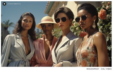 4 Beautiful women dressed up in fashionable attire in Los Angeles.
