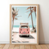 Retro van parked against a backdrop of tranquil ocean wall art.