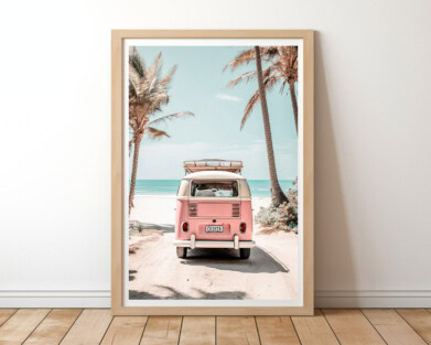 Retro van parked against a backdrop of tranquil ocean wall art.